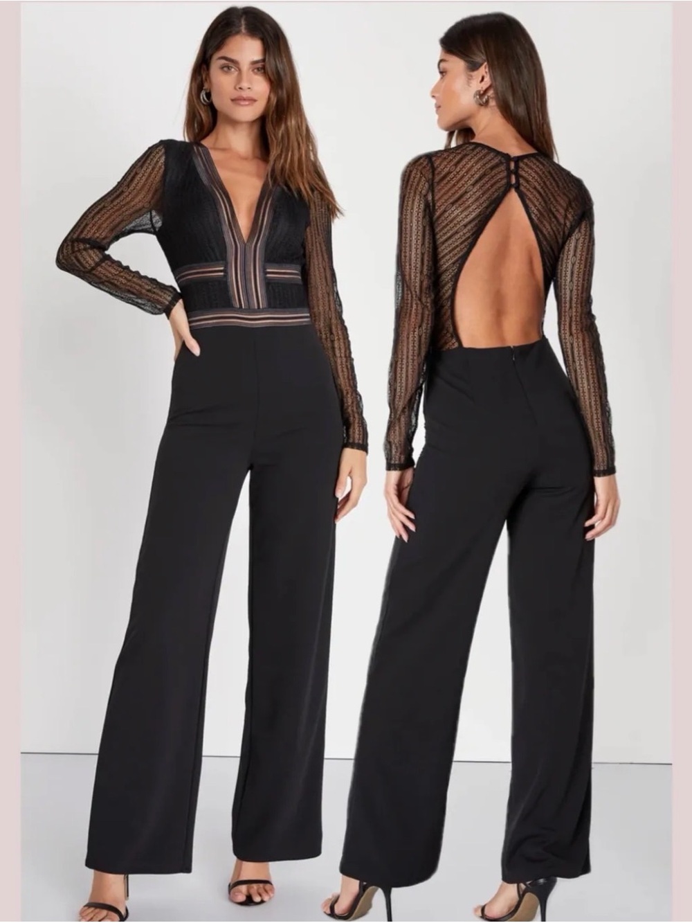 Lulu's Black Lace-Panel Long Sleeve Wide-Leg Jumpsuit